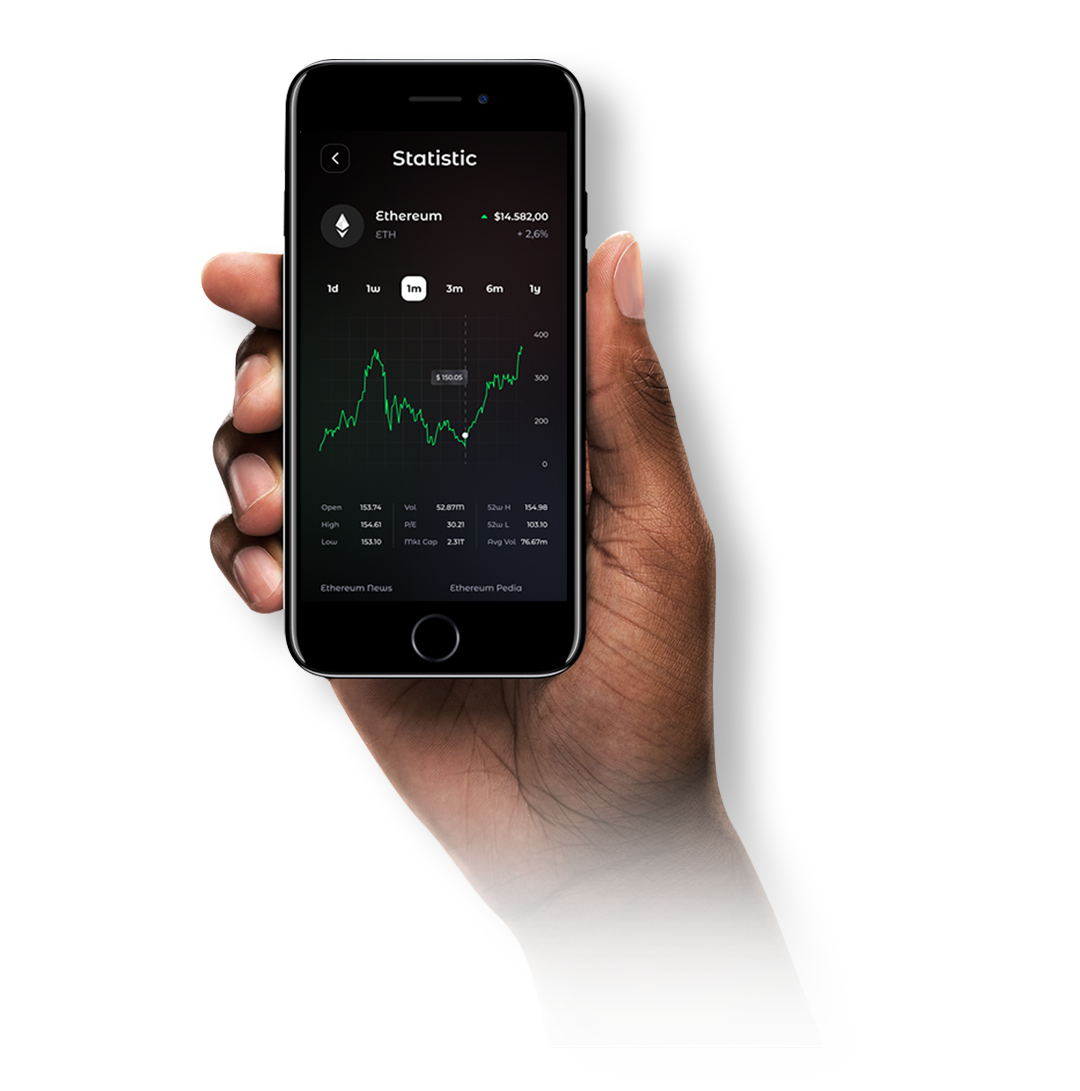 A person holding a smartphone displaying a trading app statistics screen.